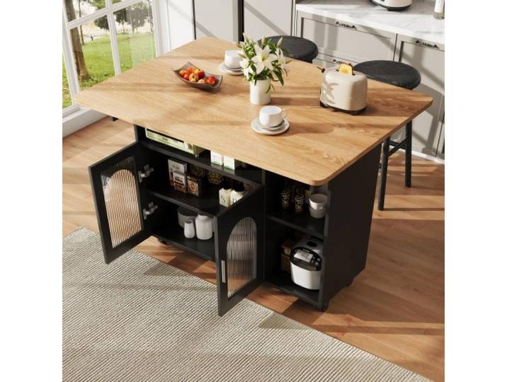 BBWL Buffet Kücheninsel modern mit klappbarem Esstisch, Küchenschrank MDF Glas, multifunktional mit Stauraum