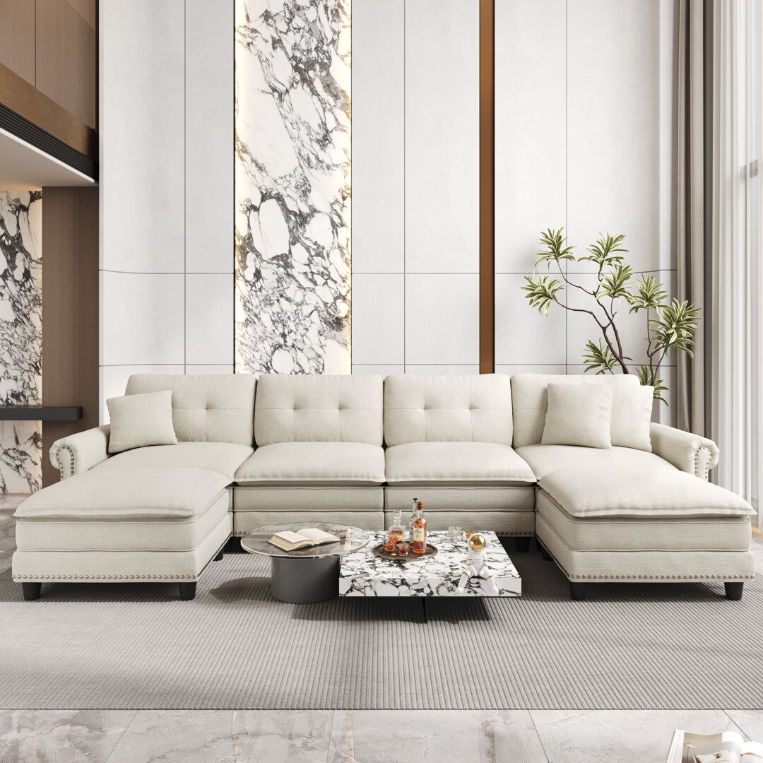 Lark Manor Linen Blend Modular Corner Sofa Beige 88cm H x 380cm W x 85cm D