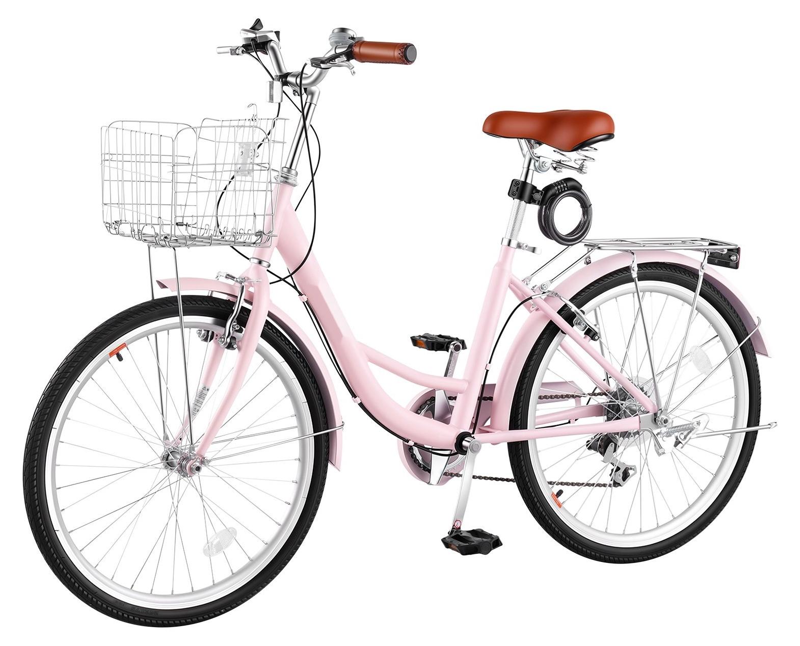 Damenfahrrad - Cruiser-Citybike - 61 cm Laufräder - 7-Gang-Schaltung - Bis 150 kg belastbar - Doppel-V-Bremsen - Gepäckträger bis 50 kg mit Schutzblechen - Pink