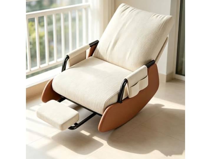 Polstersessel Schaukelnd mit Ausziehbarer Beinablage Ergonomischer Schaukelstuhl mit ausziehbarer Fußstütze und Seitentasche für tägliche Entspannung.