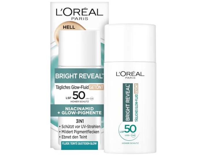 L'Oréal Tägliches Getöntes UV Glow-Fluid LSF 50, Niacinamid + Glow-Pigmente, Farbe: Hell, Bright Reveal, 1 x 50 ml