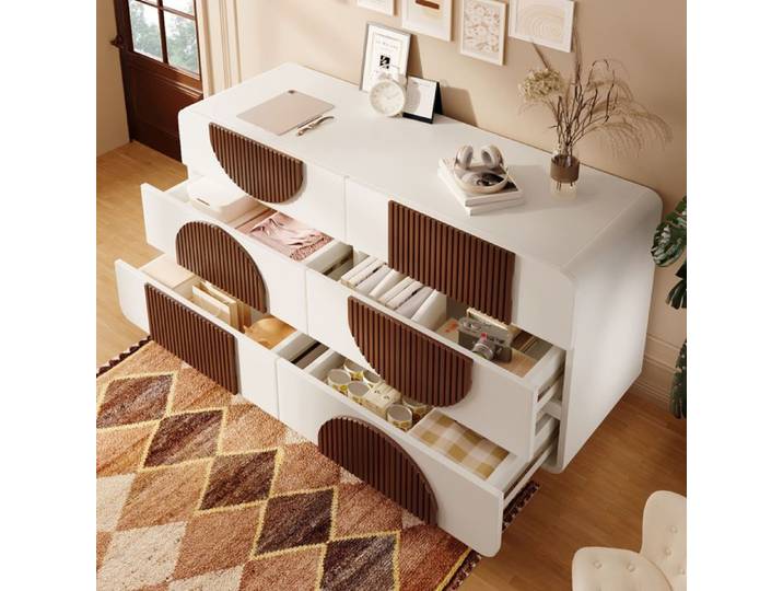 Commode - ZEVKOR - 121x41x71 cm - 6 tiroirs - Design courbé blanc - Glissières silencieuses