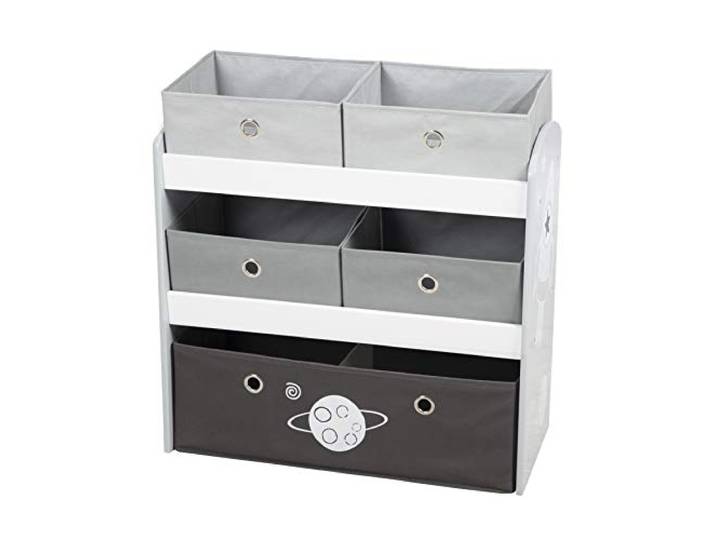 roba Spielregal Rakete - Spielzeugregal für Kinderzimmer mit 5 Boxen aus Stoff - mit Weltraum Motiv - Aufbewahrungsregal für Jungen und Mädchen - Holz weiß