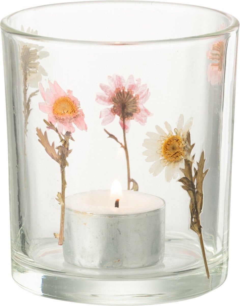 J-Line Peggy theelichthouder met bloemenmotief - transparant glas - small