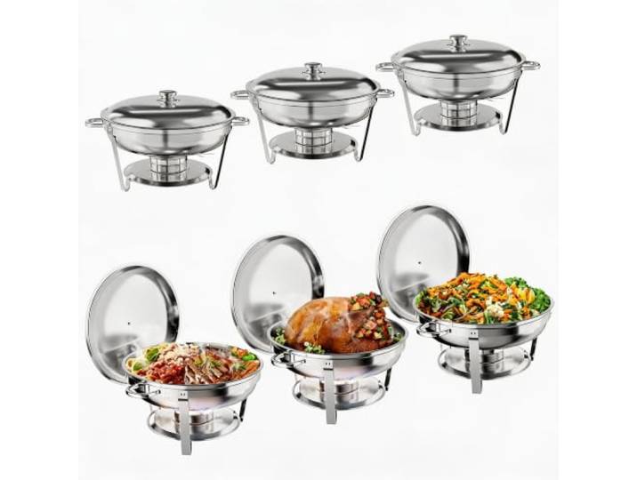 Garvee Chafing Dish 6er-Set 4,7 L Edelstahl Glasdeckel Buffet Rundform, Wasserbad, Speisebehälter, Stapelbar, Servierstation