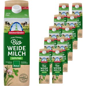 Ammerländer Milch H-Weidevollmilch, Fettgehalt 3,8%, BIO, ultrahocherhitzt & homogenisiert, 10x 1 Liter