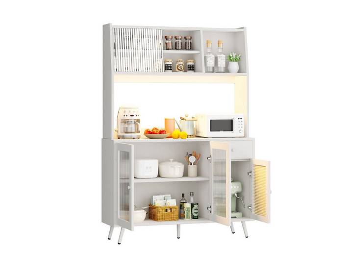 PEALOV Sideboard mit Arbeitsplatte, LED Beleuchtung & integrierter Steckdosenleiste (1 St), moderner Buffetschrank und Küchenhochschrank mit viel Stauraum