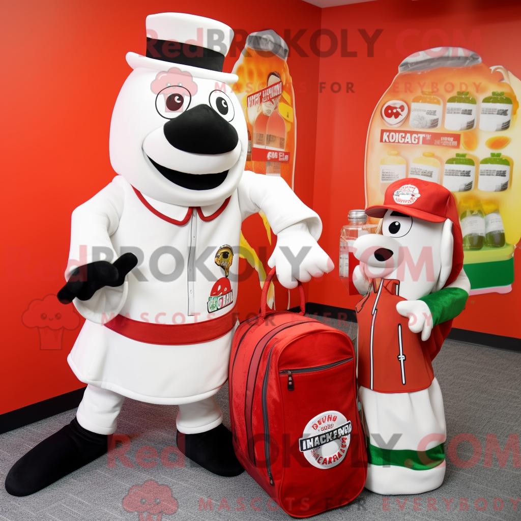 Maskottchenfigur REDBROKOLY einer weißen Ketchupflasche mit Rollkragen und Aktentasche