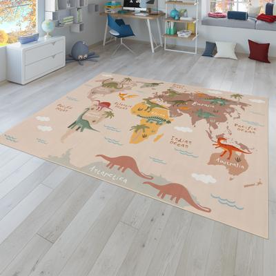 Paco Home Kids Rug Play Mat with World Map & Dinosaurs in Beige