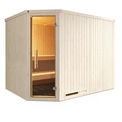 Weka Elementsauna Varberg 4 Trend Familiensauna mit Eckeinstieg & weiß lasierten Fronten - 68 mm Ganzglastür Ohne Ofen