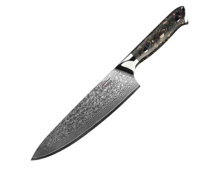 Tsume Kochmesser Gyuto Carbon Gold, Klingenlänge 20cm, Echtes Damast Küchenmesser mit Karbonfasern und Blattgold, Chefmesser, 67 Schichten VG10 Edelstahlkern mit Kunstharz Handgriff