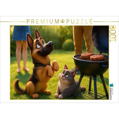 CALVENDO Puzzle Gibt es was für uns? - Schäferhund und Katze betteln am Grill | 1000 Teile Lege-Größe 64x48cm Foto-Puzzle für glückliche Stunden
