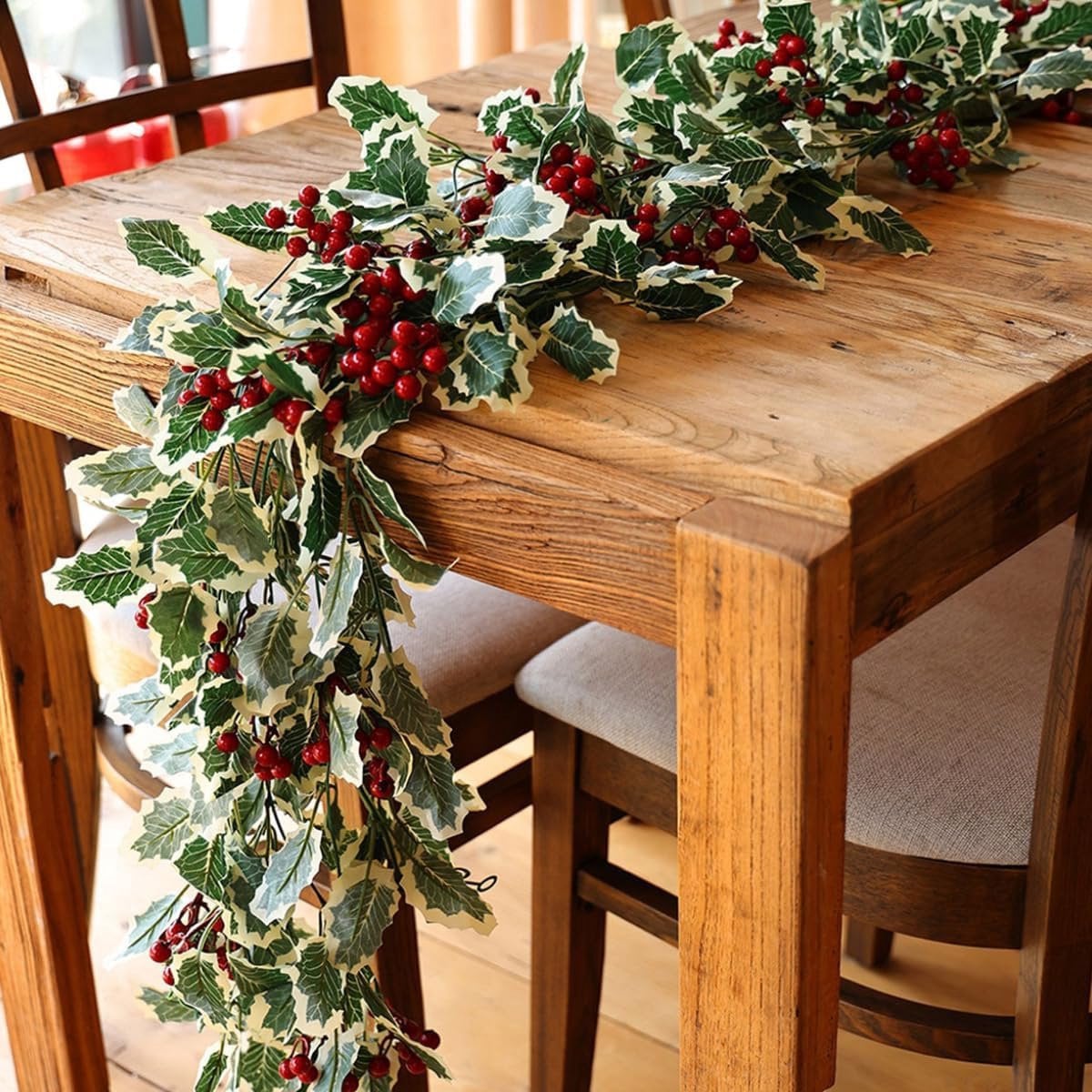 Set van 2 stuks Kerst Kunstmatige Plantenslingers met Rode Bessenstelen voor Kerstdecoratie