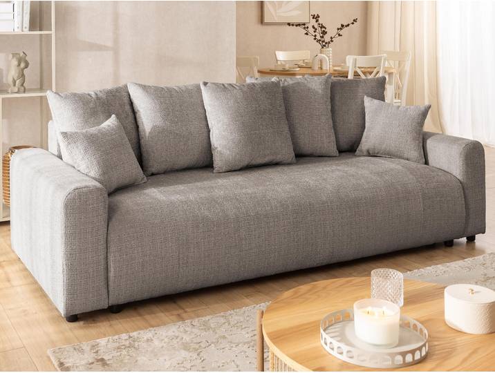 Calma - Komfortables 4-Sitzer Schlafsofa im Bumpy-Design mit Bettkasten aus weichem Taupe Chenille-Stoff
