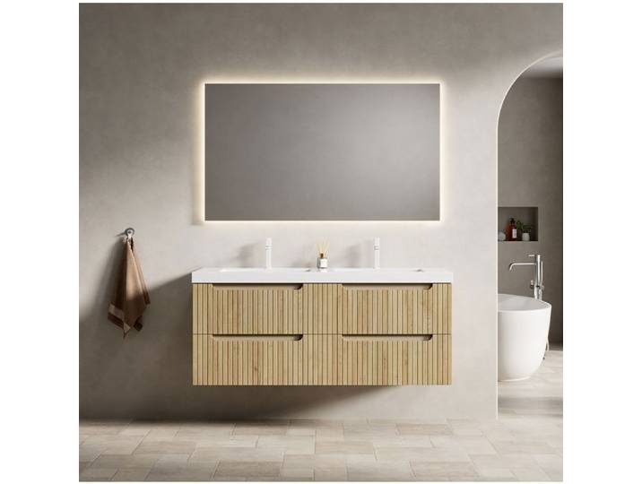 MEUBLIV Meuble sous vasque suspendu 120 cm double vasque 2 tiroirs blanc et chêne clair