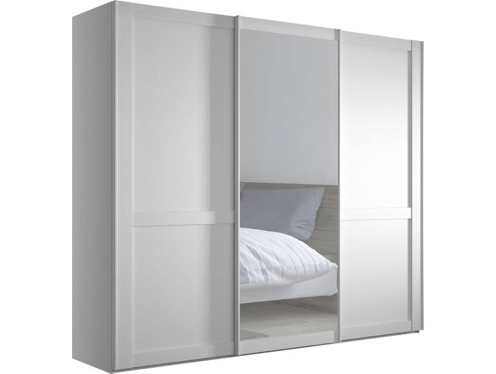 Schwebetürenschrank WIEMANN Göteborg , weiss (weiß, kristallspiegel), B:246,3cm H:220cm T:67cm, Glas, Holzwerkstoff, Schränke, Schwebetürenschrank, Querriegel und Griffleisten im Korpusfarbton, inkl. Spiegel
