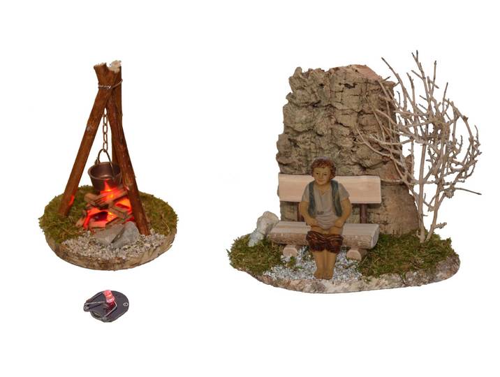 Krippen-Zubehör ALFRED KOLBE, bunt, Holzwerkstoff, Dekofiguren, Krippen-Zubehör, Lagerfeuer mit Flackerplatine, für 10-13 cm Figuren, Bank, Hirte