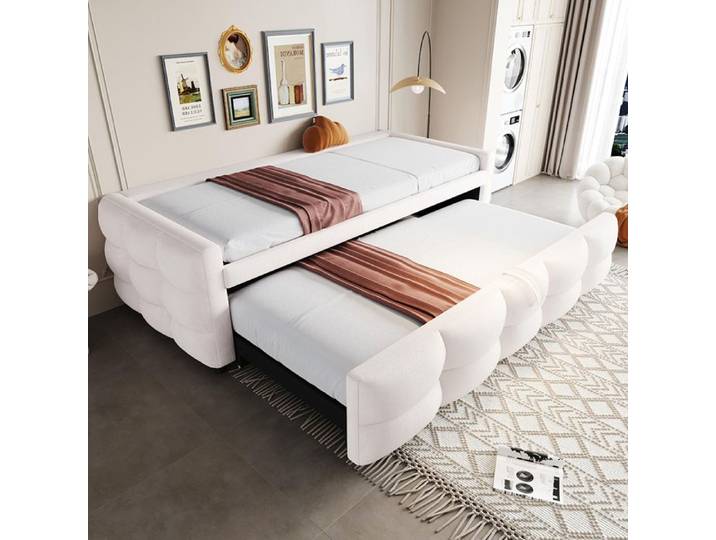 Lit rembourré Canapé-lit extensible 90/180x190cm velours Teddy lit gigogne - SWEIKO - Beige