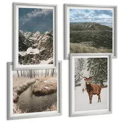 BILDER SET 4er Set - 50x50 cm & 40x60 cm Silberner Rahmen - Berge, Schnee, Hirsche, Waldlandschaft