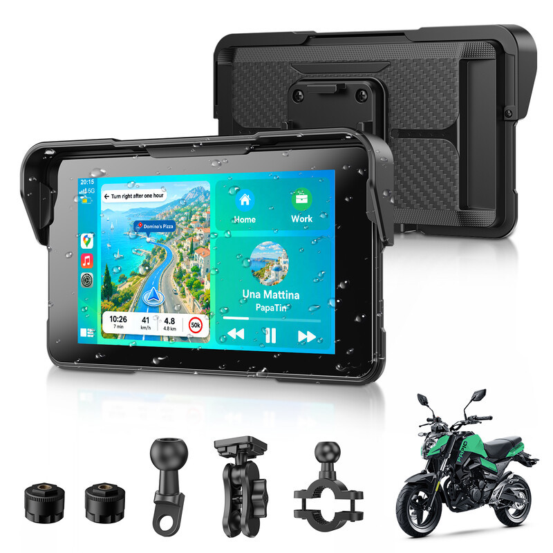 ESSGOO 5 Inch Motorfiets CarPlay Display Draadloos Navigatieapparaat met Android Auto, TPMS en Bluetooth 5.3, IP67 Waterdicht
