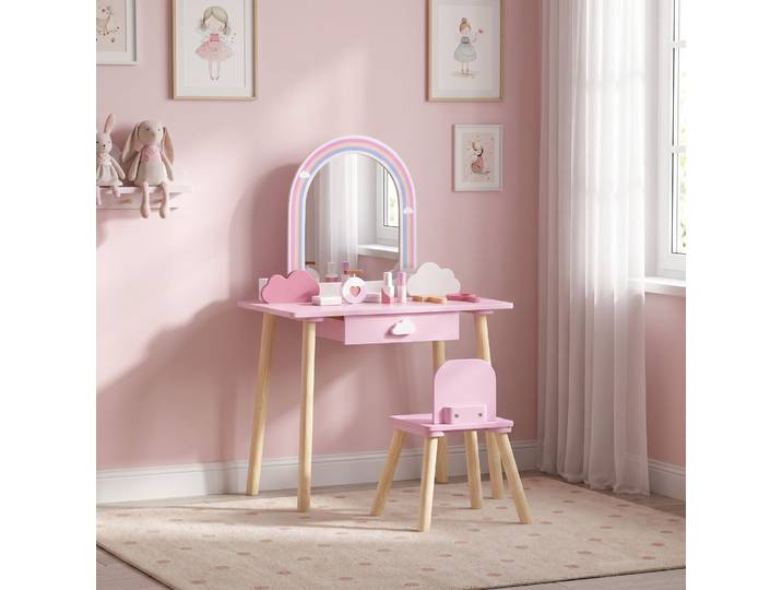 AIYAPLAY Coiffeuse Enfant Fille, Table de Maquillage avec Tabouret et Miroir en Acrylique, Tiroir, 7 Accessoires, 3-6 Ans, Rose