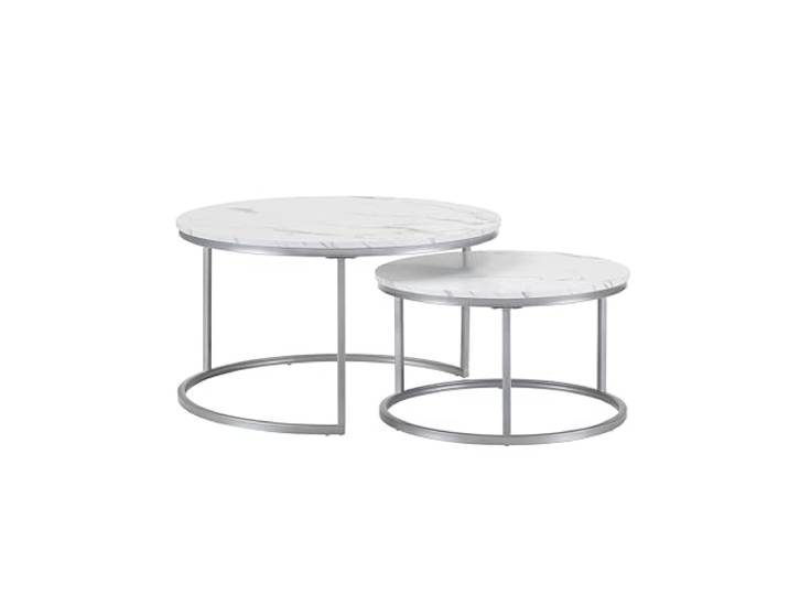 hitsuki Runder Couchtisch 2er Set Weiß Marmor, Silber Metallgestell 80+60cm Moderner Couchtisch Rund 2er Set mit Marmoroptik, Wohnzimmertisch Rund Flexibel Kombinierbar und Platzsparend Stapelbar