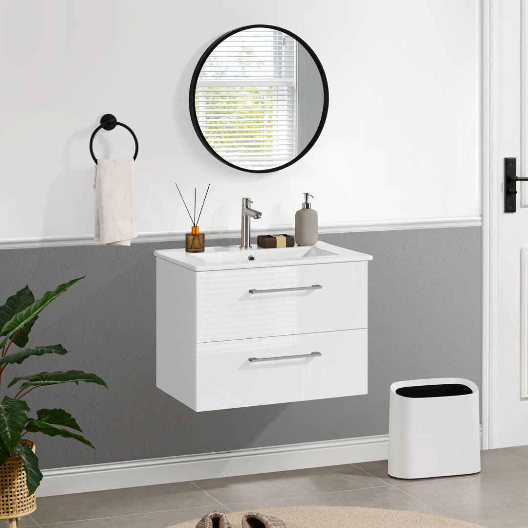 Yaheetech Single Bathroom Vanity with Drop In Ceramic Basin White 610mm W