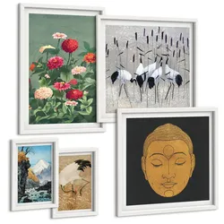BILDER SET 5er Set - 50x50 cm & 20x30 cm & 40x60 cm Weißer Rahmen - Abstrakte Berge und Blumen Inspiration