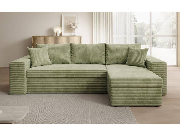 Designer Ecksofa Denver Cord mit Schlaf- und Klappfunktion - Salbei - Rechts - Cord - Luxusbetten24