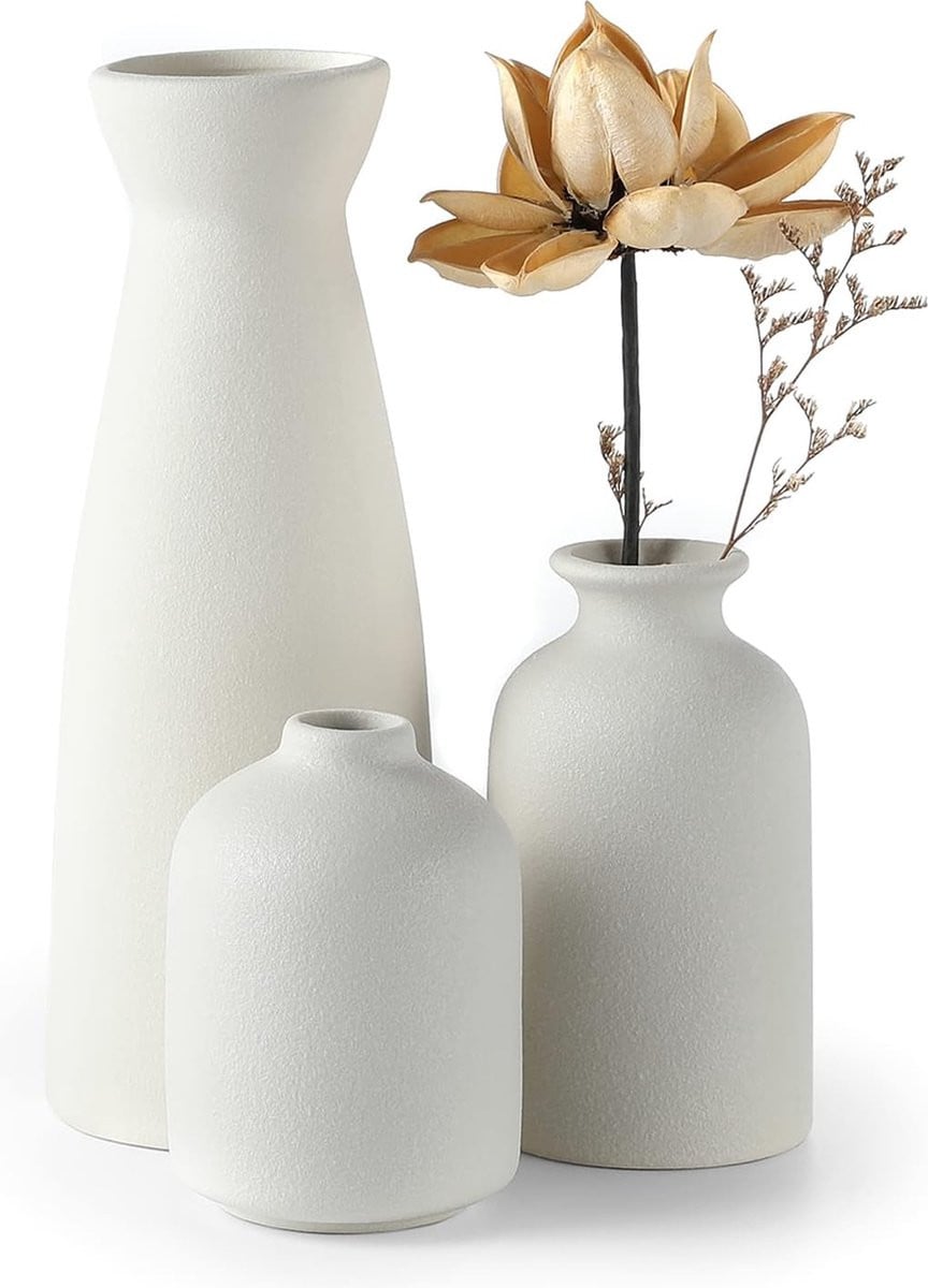 PolkaHome Set van 3 witte keramische vazen voor moderne rustieke decoratie