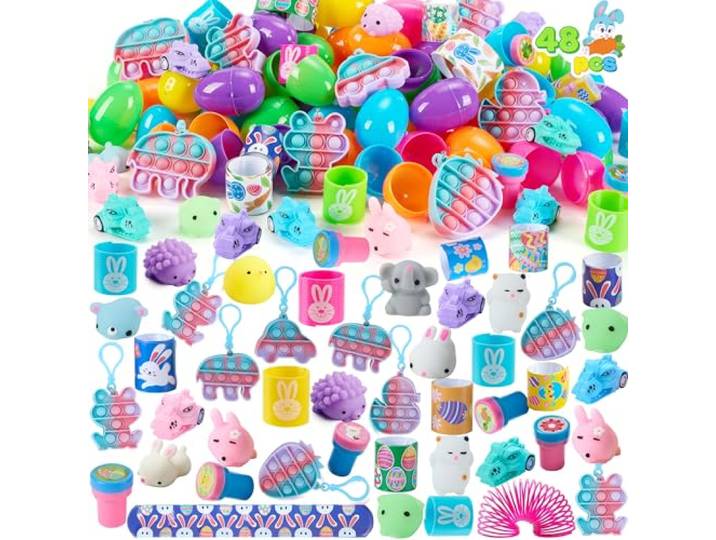 JOYIN 48 Stück vorgefüllte Ostereier mit verschiedenen, Kunststoff-Ostereier, Stressabbau-Spielzeug zum Füllen von Osterkörben, Oster-Partygeschenken, Ostereiersuche und Oster-Goodie-Bag-Füllern