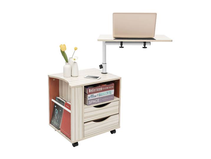 Table de chevet avec plateau pivotant réglable pour ordinateur portable, table de lit à 2 tiroirs, table de nuit roulante pour patient, canapé, bureau
