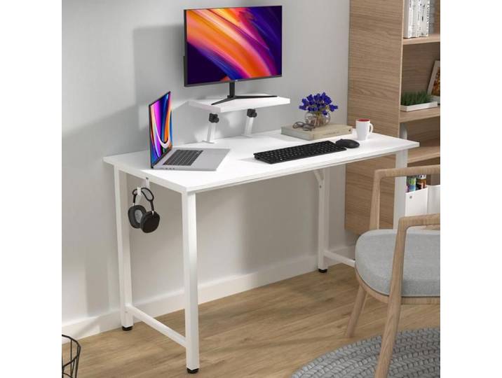 LVHCMFOHM Bureau 100x50cm avec Support Écran Réglable et Crochet Casque Cadre Métallique Blanc pour Bureau ou Gaming