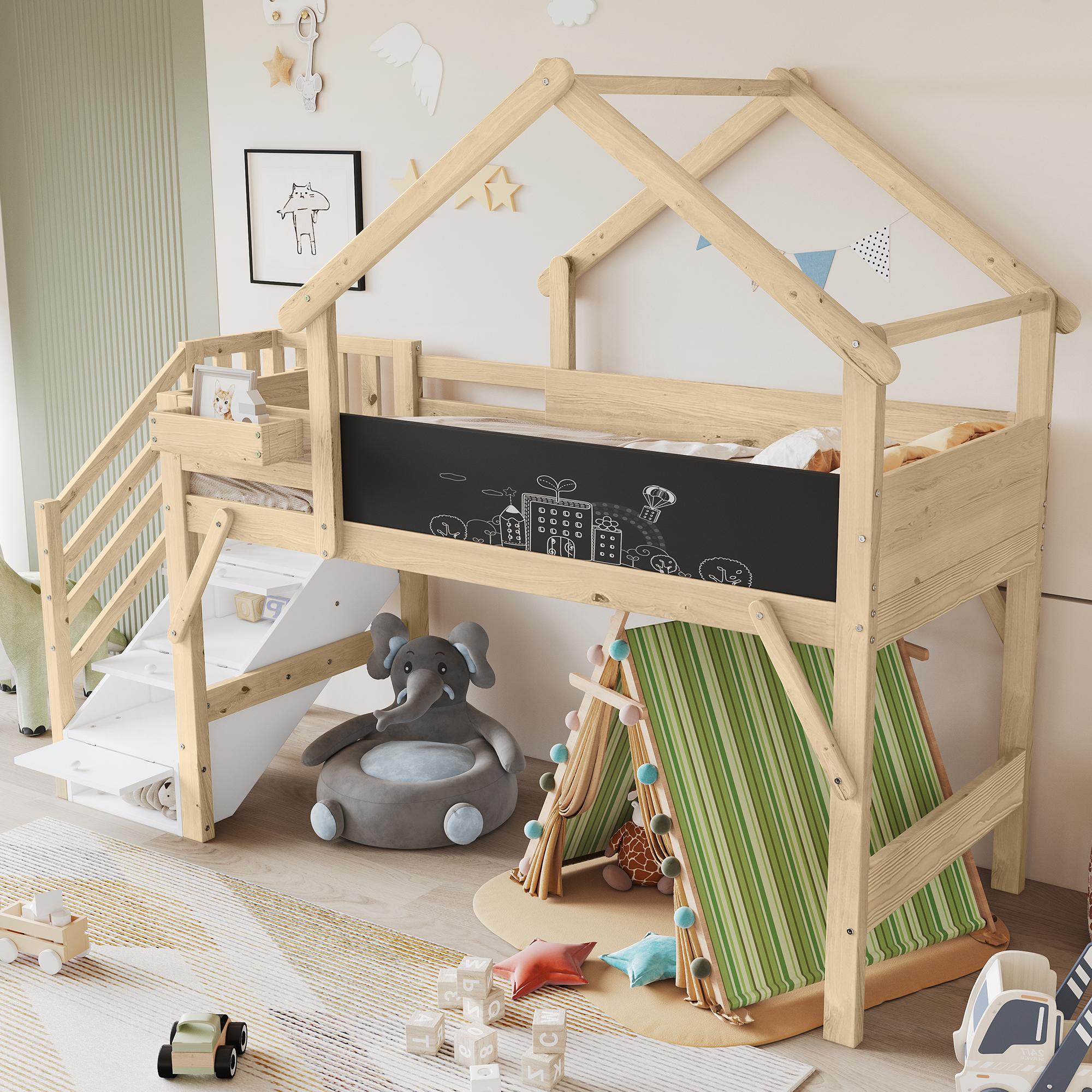 Etagenbett mit Dachdesign, bemalbarer Tafel, Fallschutzgitter & Stauraumtreppe, Kiefer+MDF, Weiß+Natur, 90x200cm