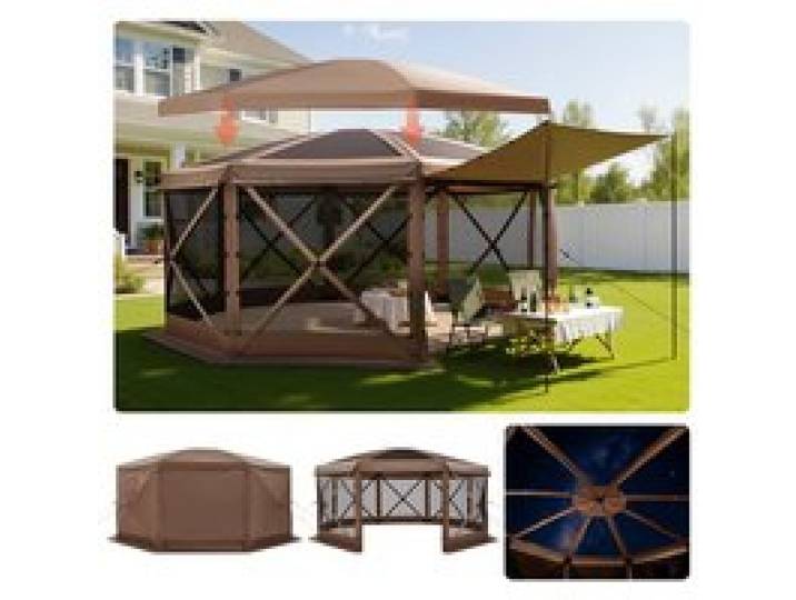 VEVOR Tente Moustiquaire Tonnelle Pop-up 4,57x4,57 m Tente Moustiquaire Pliante 12-15 Personnes Abri Solaire 8 Côtés pour Camping en Famille Terrasse Jardin, avec Toit Amovible Sac Transport, Marron