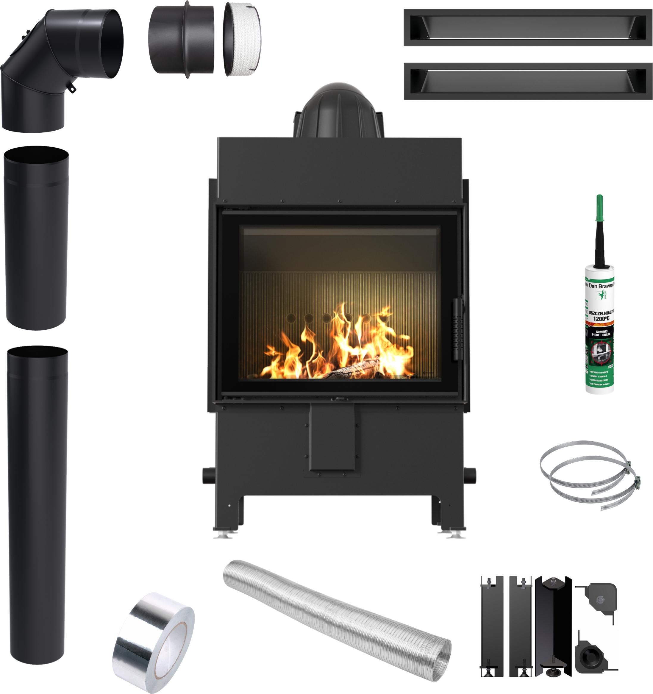Kamineinsatz KRATKI LUCY 12kW Ø200 Schwarz Türschließung Set Rohre Lüftung