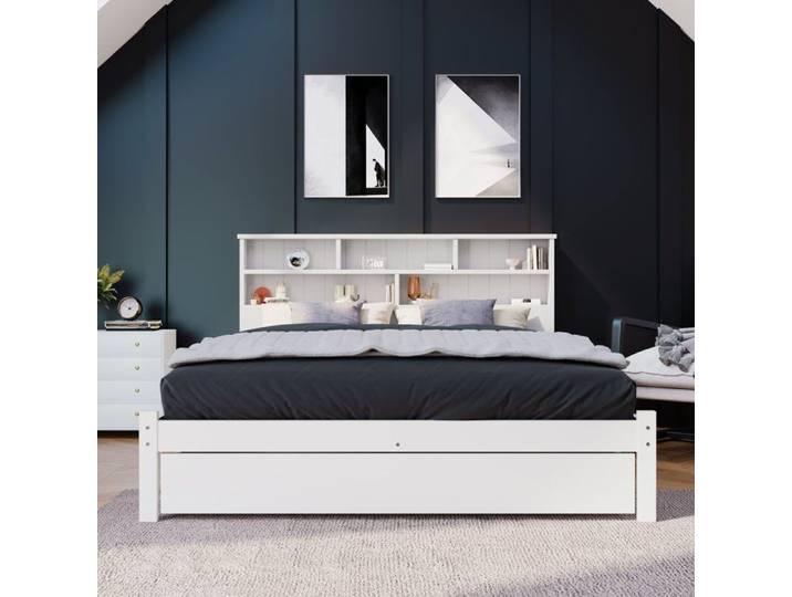 Lit coffre avec tiroirs et étagères bibliothèque lit double 140x200 en bois massif blanc
