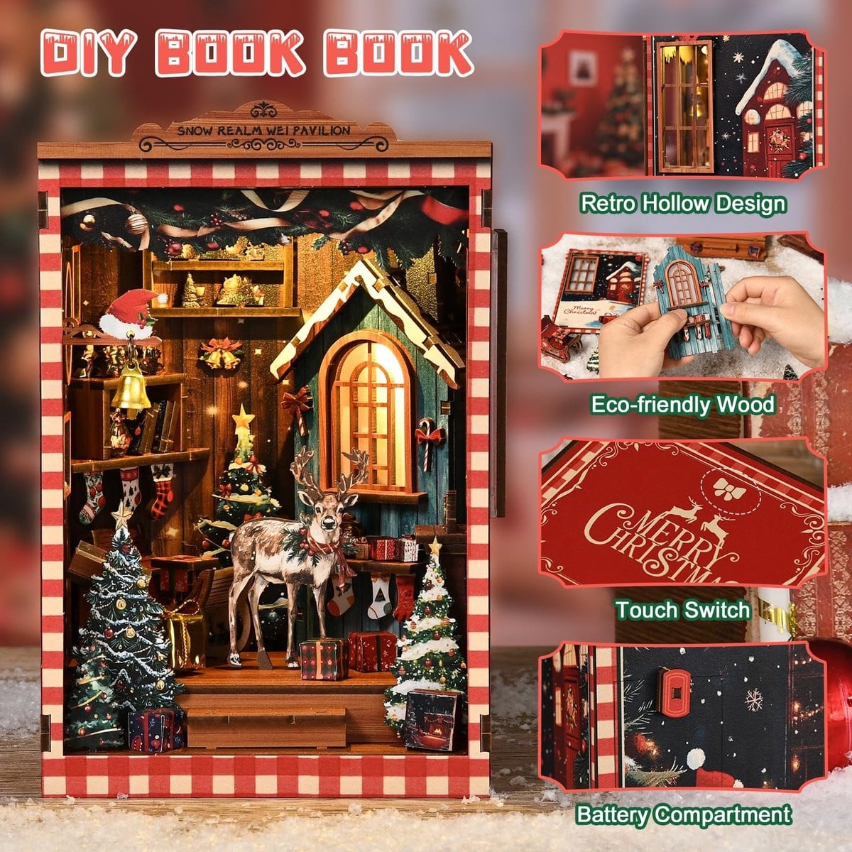 PEWOREAL DIY Book Nook Kit Winter - Houten Boekensteun Puzzel met LED Licht voor Volwassenen