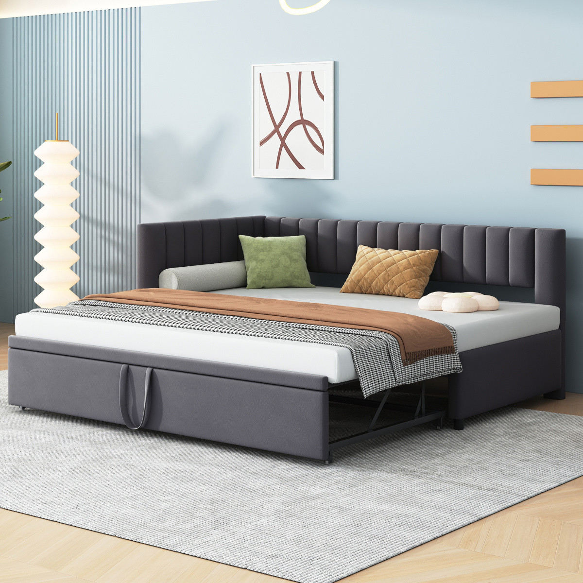 Flieks multifunctionele slaapbank met uittrekbaar bed en lattenbodem, donker fluweel, 90 x 200 cm