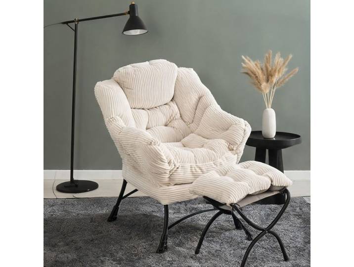 Fauteuil lounge blanc avec ottoman structure acier design contemporain idéal petit espace