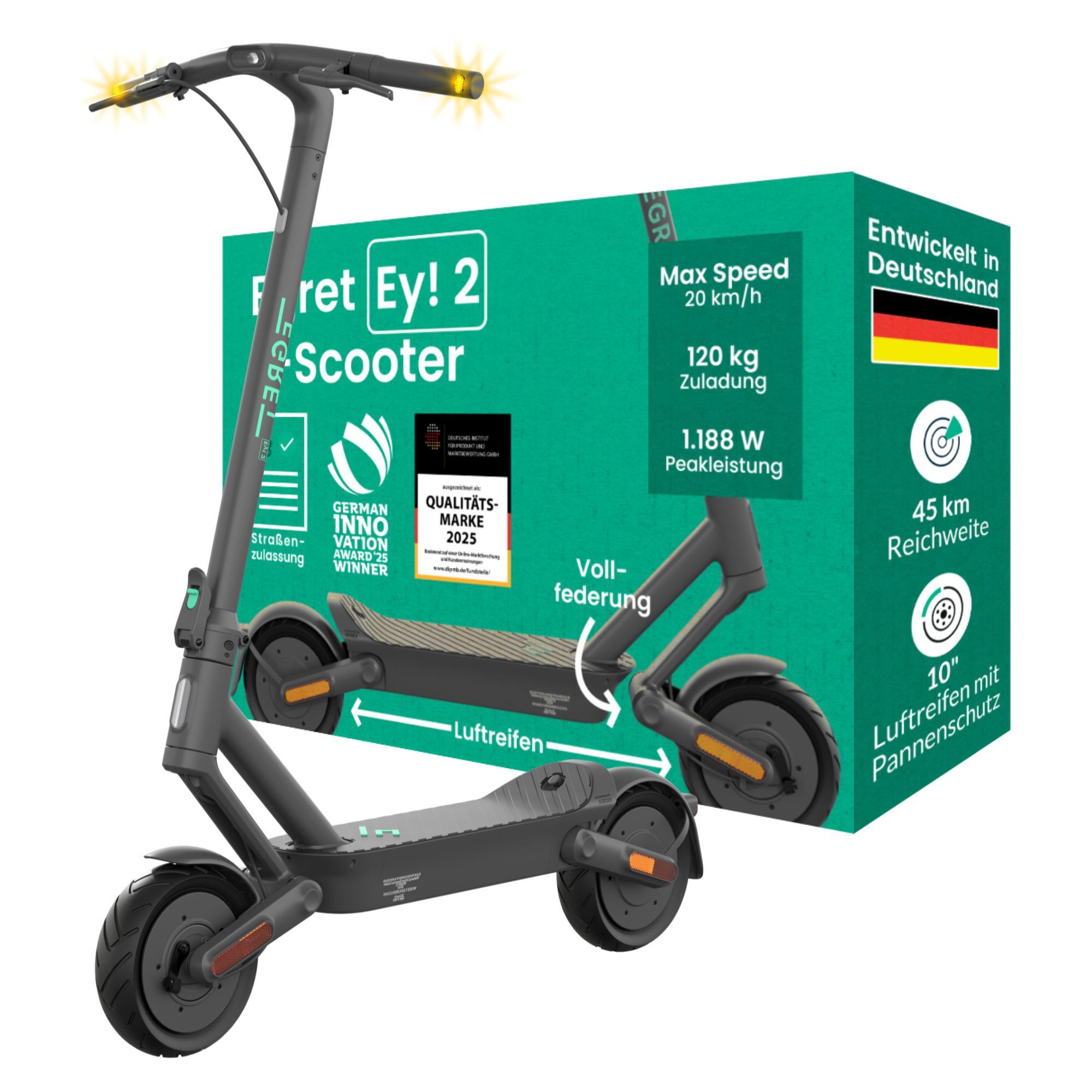 EGRET E-Scooter mit Straßenzulassung (ABE), 45 km Reichweite, 10" Luftreifen, 2x Federung, Blinker, 1.188 W Motor, 120 kg Traglast, App - Ey! 2