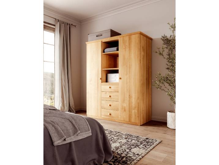 Naturwohnen Kleiderschrank Massivholz Erle geölt H191xB152xT63 Lena mit bioola® nature inkl. 1 Kleiderstange, 8 Einlegeböden 100% Bio & Vegan