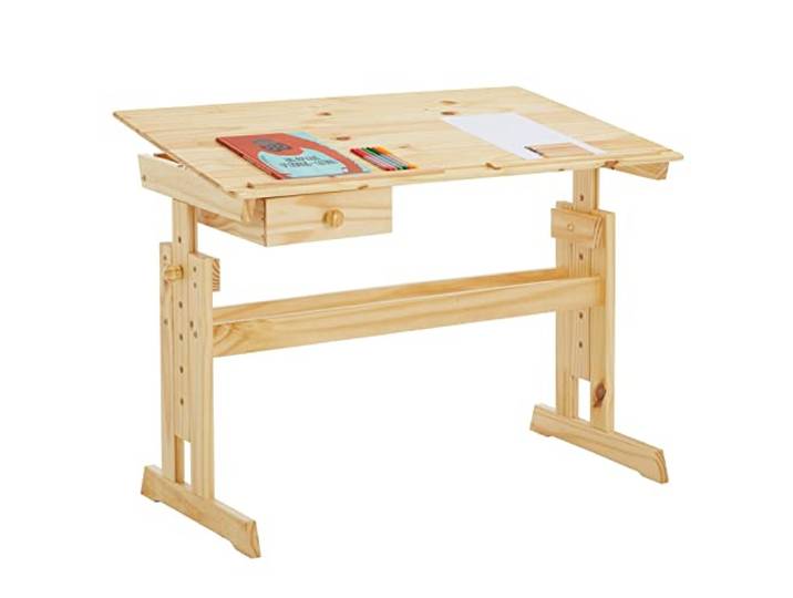 IDIMEX Kinderschreibtisch Flexi mit Kippfunktion und Höhenverstellung, praktischer Schreibtisch aus massiver Kiefer in Natur