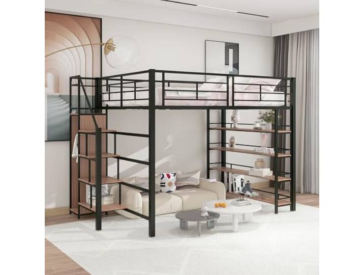 YuQozii Hochbett 140 * 200, mit Sicherheitstreppe, Stauraum und kleinem Kleiderschrank, Einlegeböden, hohes Zaundesign, Einzelbett, Jugendbett (Schwarz)