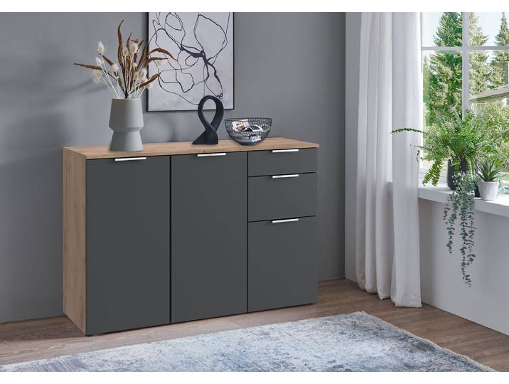 Sideboard Level36 - Breite 122 cm 122 x 84 x 41cm Schwarz/Holz/Anthrazit/Plankeneiche Dekor