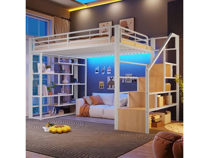 Lit Mezzanine 140x200 Métal Blanc avec LED et Rangement Lit Surélevé 2 Places Ado Chambre Étude Rentrée Scolaire Norevia