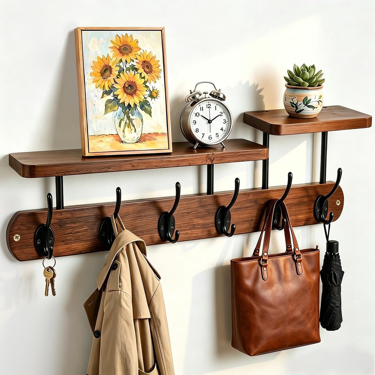 Omgoods Wandkapstok van Hout met 6 Haken en Plank