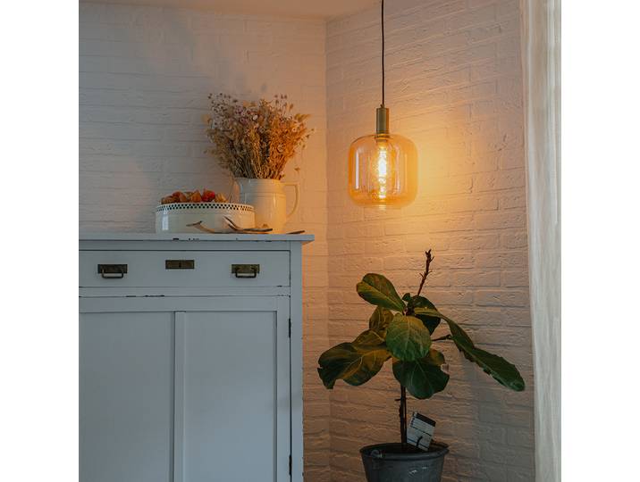 Suspension intelligente noire avec laiton et verre ambré incl.