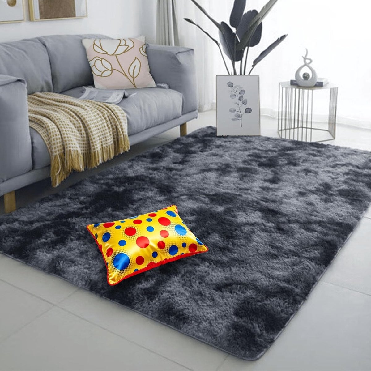 Modern Hoogpolig Pluche Vloerkleed Donkergrijs 340 x 340 cm