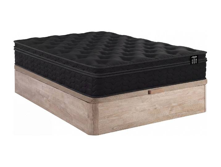 Set aus Matratze und Bettgestell 140 x 190 cm - Matratze und Bettgestell mit Lattenrost und Bettkasten Naturfarben hell + Hybridmatratze mit Taschenfederkern, integrierter Topper und schwarzem Matratzenbezug, Stärke 30 cm - von YSMÉE GAMIANI